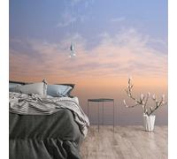 Papel Tapiz Con Efecto Mar Y Nubes Al Atardecer - Azul, Blanco, Gris