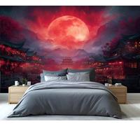 Papel tapiz con encantador cielo de luna roja, mural de alta definición con ciudad antigua china y faroles, arte de pared duradero no tejido para dormitorio. 280x200cm (No es autoadhesivo)