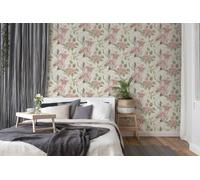 Papel Tapiz Con Motivo De Grulla Asiática Y Flores - Rosa, Verde, Blanco