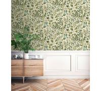 Papel Tapiz Con Motivo De Hojas Y Acentos De Color - Verde, Azul, Blanco