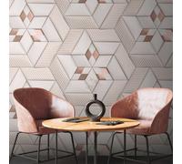 Papel Tapiz Con Patrón Abstracto 3D - Blanco, Crema, Bronce