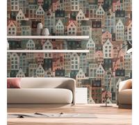 Papel Tapiz Con Patrón De Casas Llamativo - Colorido, Azul, Rosa
