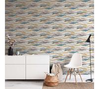 Papel Tapiz Con Patrón Gráfico De Olas Y Nubes - Azul, Rosa, Beige