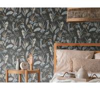 Papel Tapiz Con Plantas De La Selva Y Pájaros - Negro, Gris, Beige