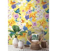 Livingwalls - Papel pintado no tejido con flores en amarillo, azul y blanco, para varias habitaciones, XXL, 2,80 x 1,59 m