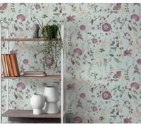 Papel Tapiz De Flores En Diseño De Casa De Campo - Verde, Violeta, Amarillo