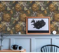 Papel Tapiz De Flores Rosas Y Tulipanes - Amarillo, Marrón, Verde