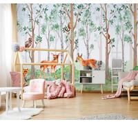 Papel Tapiz De Guardería Bosque Animales Lindos Mural De Pared 312x219cm