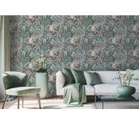 Papel Tapiz De Selva Con Loro En Diseño Vintage - Verde, Azul, Rosa