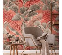 Papel Tapiz De Selva Con Plantas Tropicales - Rosa, Rojo, Gris