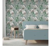 Papel Tapiz Eden Isla Gris M37809 Flores Grandes Hojas De Palma Selva Tropical