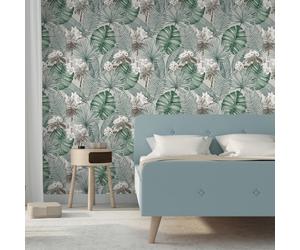 Papel Tapiz Eden Isla Gris M37809 Flores Grandes Hojas De Palma Selva Tropical
