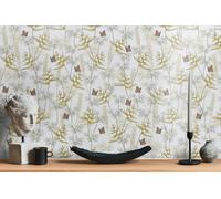 Papel Tapiz En Estilo Floral Con Hierbas Y Mariposas Estructurado Mate - Blanco