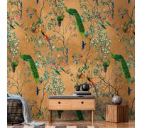 Papel Tapiz Exótico Con Pavos Reales Y Motivos De Flores Vivas En Color Lujoso