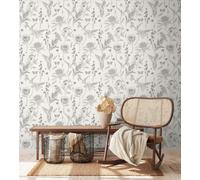Papel Tapiz Floral Con Flores Y Animales Estructurado Mate - Blanco, Negro