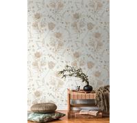 Papel Tapiz Floral Con Flores Y Mariposas Estructurado Mate - Blanco, Marrón, En