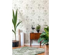Papel Tapiz Floral Con Flores Y Mariposas Estructurado Mate - Blanco, Verde