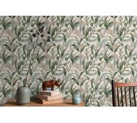 Papel Tapiz Floral Con Hojas En Estilo Selva Estructurado Mate - Crema, Verde, B