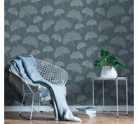 Papel Tapiz Floral Con Hojas Mate Estructurado - Azul, Blanco, Plata