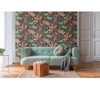 Papel Tapiz Floral Con Hojas Mixtas Levemente Estructurado, Mate - Negro