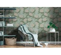 Papel Tapiz Floral Con Hojas Y Flores Estructurado Mate - Azul, Verde, Blanco