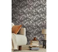 Papel Tapiz Floral Con Hojas Y Flores Estructurado Mate - Negro, Blanco