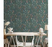 Papel Tapiz Floral Con Motivo De Ramas - Verde, Petróleo, Naranja