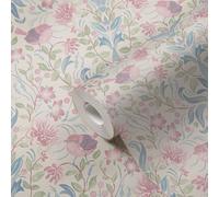 Papel Tapiz Floral Con Pájaros - Crema, Azul, Rosa