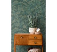 Papel Tapiz Floral Con Patrón De Hojas Con Detalles Dorados - Verde, Dorado