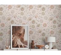 Papel Tapiz Floral Con Patrón Floral Y Estructura Fina - Gris, Beige, Rojo