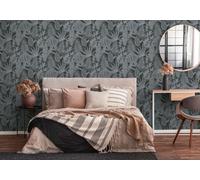 Papel Tapiz Floral En Diseño Gráfico Con Estructura Ligera, Mate - Negro, Gris