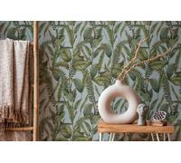 Papel Tapiz Floral En Estilo Selva Con Hojas Y Flores Estructuradas Mate - Azul