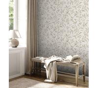 Papel Tapiz Floral Estructurado Brillante - Blanco, Gris, Beige