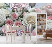 Papel Tapiz Floral Femenino Mural Pared Diseño Rosas Rosa Blanco Negro