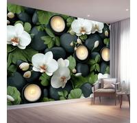 Papel tapiz fotográfico 200 x 140 cm paredes decoración de salón Diseño Planta para dormitorio sala de estar papel tapiz no tejido, Blanco Orquídea Piedra Vela