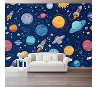 Papel tapiz fotográfico 200 x 140 cm paredes decoración de salón Diseño Universo Dibujos Animados para dormitorio sala de estar papel tapiz no tejido, Estrellas Cohetes Azul Oscuro