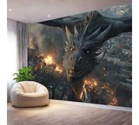 Papel tapiz fotográfico 200 x 140 cm Revestimiento de paredes decoración de salón Diseño Dragón De Fantasía Ciudad para dormitorio, sala de estar, papel tapiz no tejido, decoración de pared, Gris