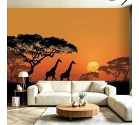 Papel tapiz fotográfico 250 x 175 cm paredes decoración de salón Amantes De Los Animales Exótico Jirafa Árbol Sabana para dormitorio sala de estar papel tapiz no tejido, Naranja Negro