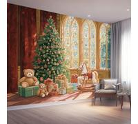 Papel tapiz fotográfico 250 x 175 cm paredes decoración de salón Diseño Dibujos Animados para dormitorio sala de estar papel tapiz no tejido, Oro Árbol De Navidad Osito De Peluche