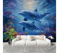 Papel Tapiz Fotográfico 250x175 cm Mundo OceáNico Delfines Corales Papel Pintado Panorámico Decoración De Pared Sala Cuarto Adulto Habitación de Niños Azul Grandes Paredes Póster