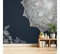 Papel tapiz fotográfico 300 x 210 cm paredes decoración de salón Amantes Del Yoga Étnico Mandala Geometría Líneas para dormitorio sala de estar papel tapiz no tejido, Gris Y Azul