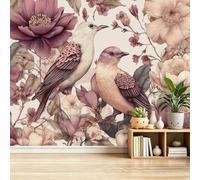 Papel tapiz fotográfico 300 x 210 cm paredes decoración de salón Cuarto del Bebé/Nursery Acuarela Vintage Flores y Pájaros Peonías para dormitorio sala de estar papel tapiz no tejido, Violeta Beige