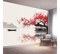 Papel tapiz fotográfico 300 x 210 cm paredes decoración de salón Diseño Pintura Con Tinta Oriental para dormitorio sala de estar papel tapiz no tejido, Rojo Flores De Ciruelo Pequeño Barco