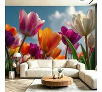 Papel tapiz fotográfico 300 x 210 cm paredes decoración de salón Mujeres Naturaleza Tulipán Césped Luz del sol para dormitorio sala de estar papel tapiz no tejido, Multicolor