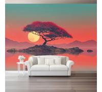 Papel tapiz fotográfico 300 x 210 cm Revestimiento de paredes decoración de salón Diseño Isla Natural Árboles para dormitorio, sala de estar, papel tapiz no tejido, decoración de pared, Atardecer Rojo