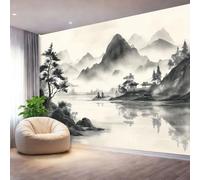 Papel tapiz fotográfico 300 x 210 cm Revestimiento de paredes decoración de salón Diseño Pintura En Tinta China Montaña para dormitorio, sala de estar, papel tapiz no tejido, Beige