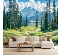 Papel Tapiz Fotográfico 300x210 cm Pradera Río Bosque Cascada Paisaje 3D Murales Tejido No Tejido Mate Póster Moderna Fotomurales Para Cuarto de Niño Salón Dormitorio Oficina Decoración de Pared
