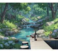 Papel Tapiz Fotográfico 300X210Cm Paisaje De Arroyo Forestal Ilustración De Anime 3D Murales Verde Esmeralda Póster Moderna Fotomurales Para Cuarto De Niño Salón Dormitorio Oficina Decoración De Pared