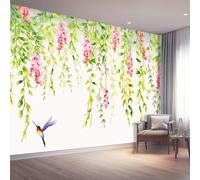 Papel tapiz fotográfico 350 x 256 cm paredes decoración de salón Diseño Acuarela Enredaderas De Sauce Flores Pájaros para dormitorio sala de estar papel tapiz no tejido decoración, Verde Rosa