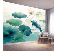 Papel tapiz fotográfico 350 x 256 cm Revestimiento de paredes decoración de salón Diseño Hoja De Loto China Pez para dormitorio, sala de estar, papel tapiz no tejido, decoración de pared, Azul-Verde